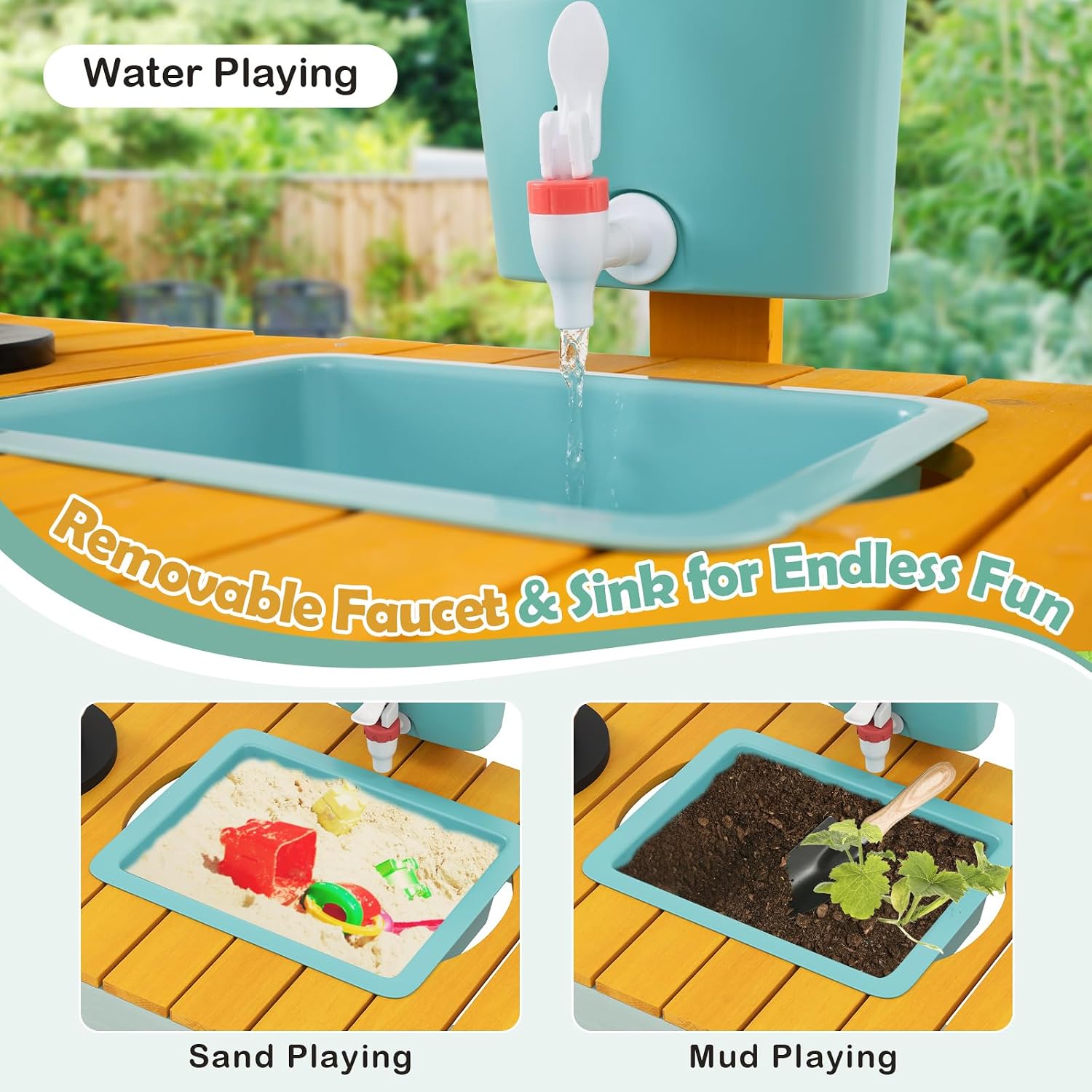 Costzon Mud Kitchen, Wooden Kids Potting Bench w/Removable Faucet, Sink, Stoves, Rotation Knobs, Planter Boxes, Trellis & Cooking Accessories, Mud Kitchen for Kids Outdoor 3-8 (Yellow)