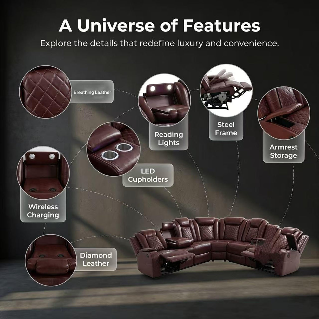 A Ainehome Power LED Reclining Sectional Sofa Set, Living Room Power Recliner Adjustable Sofa, Loveseat and Chair with Storage Console for Home/Office(A-Brown)