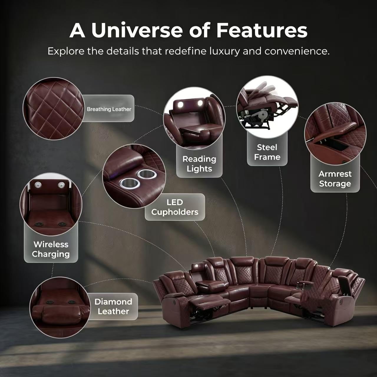A Ainehome Power LED Reclining Sectional Sofa Set, Living Room Power Recliner Adjustable Sofa, Loveseat and Chair with Storage Console for Home/Office(A-Brown)