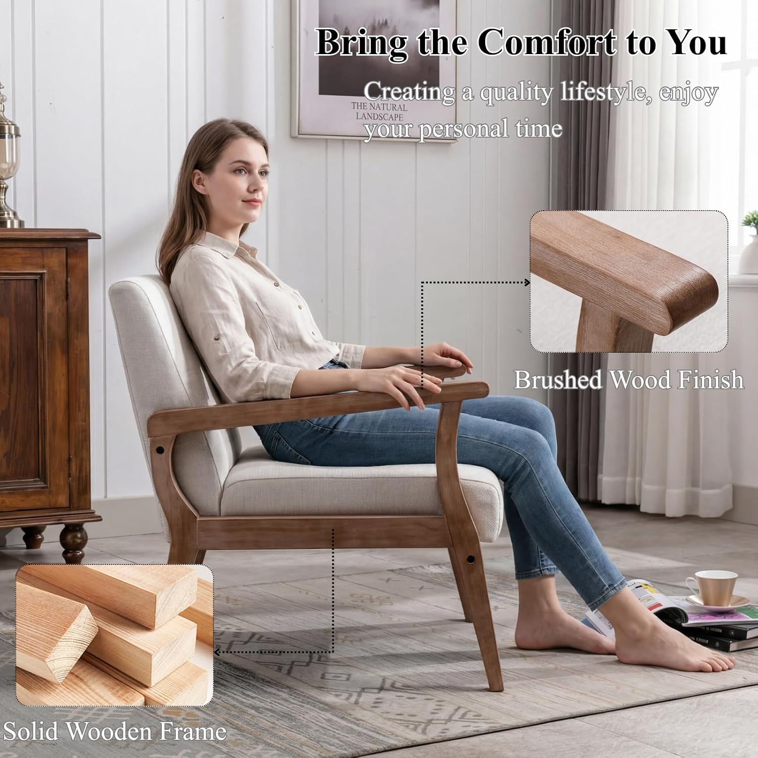 BESTANO Mid Century Modern Accent Chair Set of 2, Linen Upholstered Living Room Accent Armchair with Wood Frame, Farmhouse Chair for Living Room Bedroom, Ivory