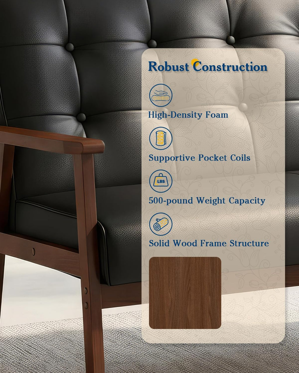 AODAILIHB 2 Piece Living Room Furniture Set, Black Faux Leather Loveseat and Accent Chair, Mid Century Modern Sofa and Chair Set with Solid Wood Arms for Office, Reception & Apartment
