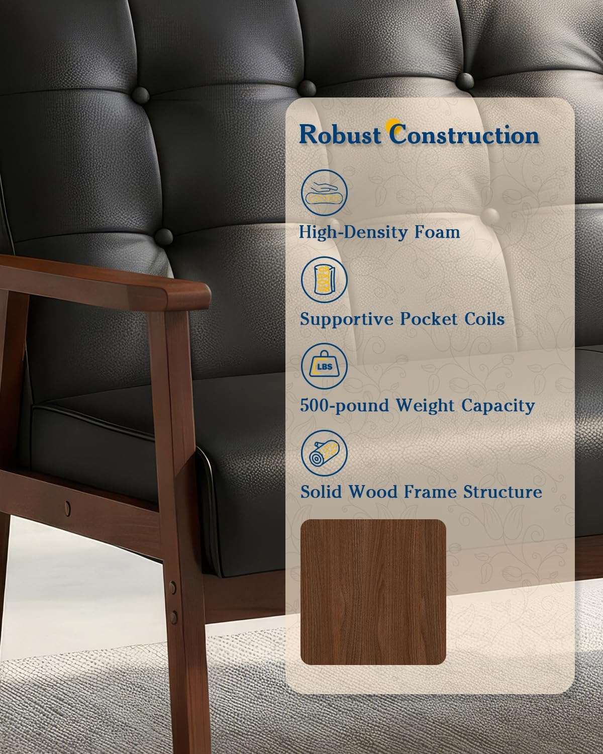 AODAILIHB 2 Piece Living Room Furniture Set, Black Faux Leather Loveseat and Accent Chair, Mid Century Modern Sofa and Chair Set with Solid Wood Arms for Office, Reception & Apartment