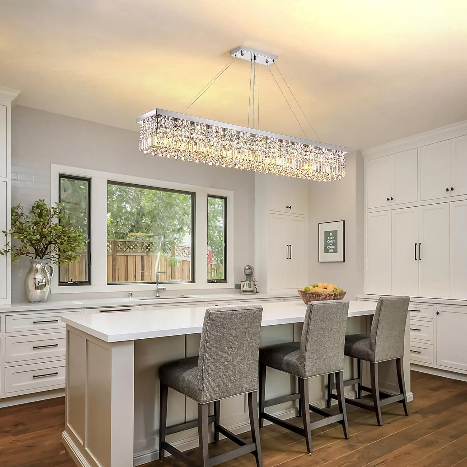 7PM Rectangle K9 Crystal Chandelier Modern Rectangular Pendant Light Fixture for Dining Room Kitchen Island Chrome L59'' x W10'' x H9''