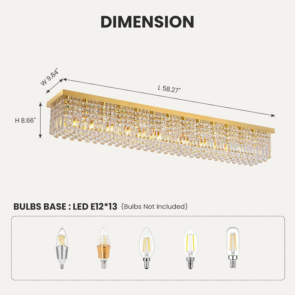 7PM Rectangular Chandelier, Modern Dining Room Light Fixture with Raindrop Chandelier Crystals, 13-Light Flush Mount Rectangle Chandelier for Dining Room, Living Room,Brass Finish L59'' x W10'' x H9''