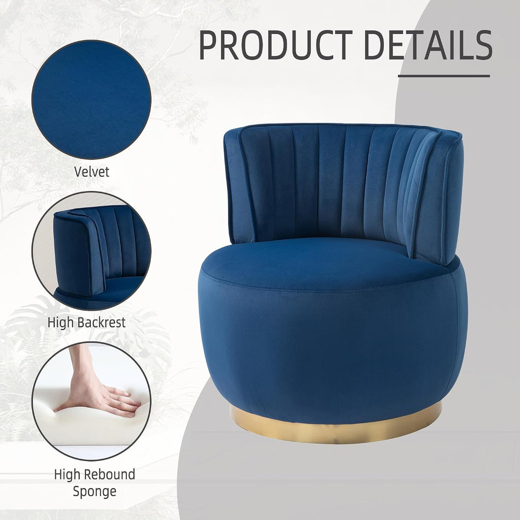 KEIKI Swivel Barrel Accent Chair, 360 Degree Rotating Upholstered Armchair with Velvet Fabric for Living Room, Office, Bedroom, Navy Blue