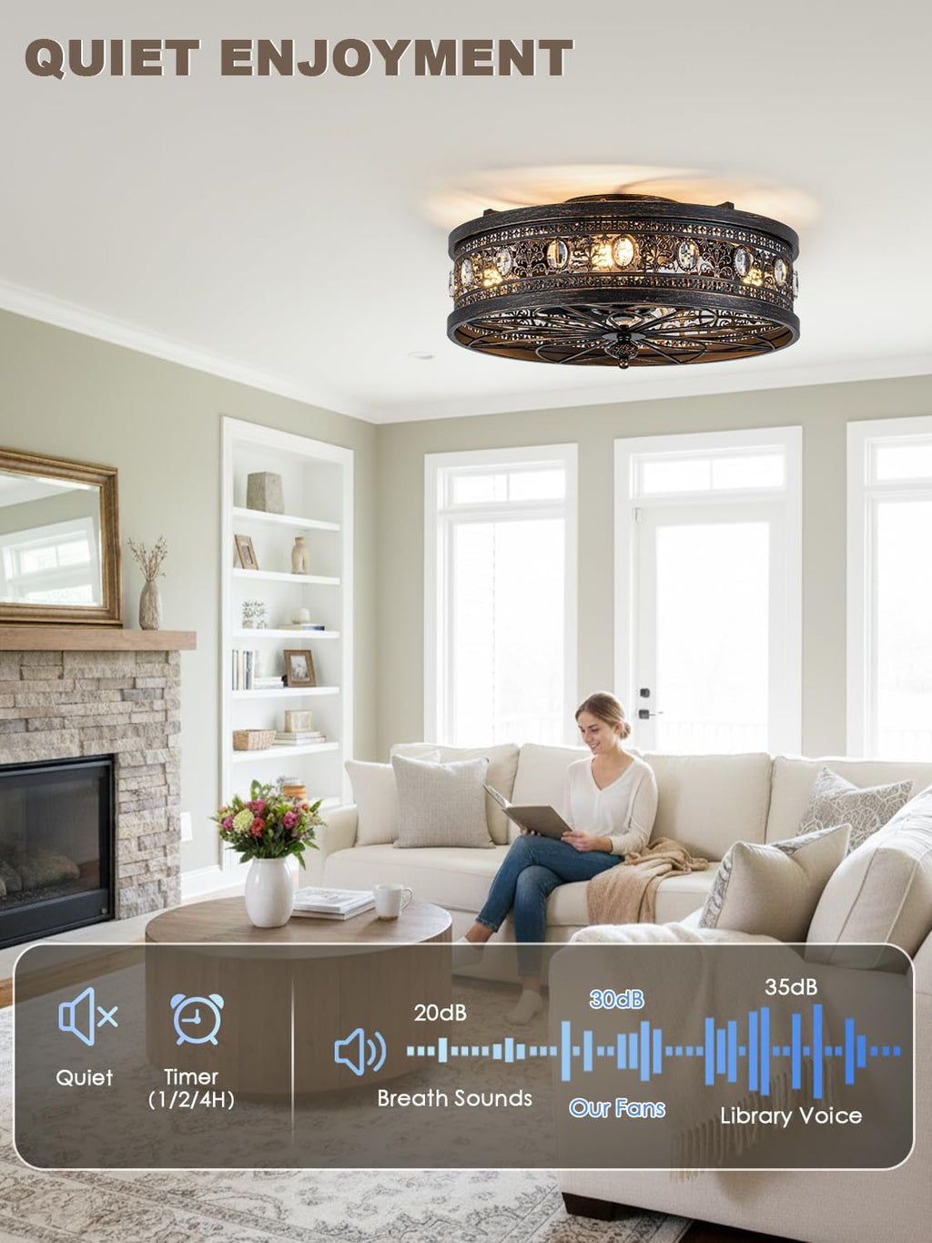 Bella Depot Caged Ceiling Fans with Lights,Vintage Victorian Rustic Crystal Fandelier,Low Profile Flush Mount, Farmhouse Ceiling Fan with Light and Remote for Bedroom,Kitchen,Dining Room