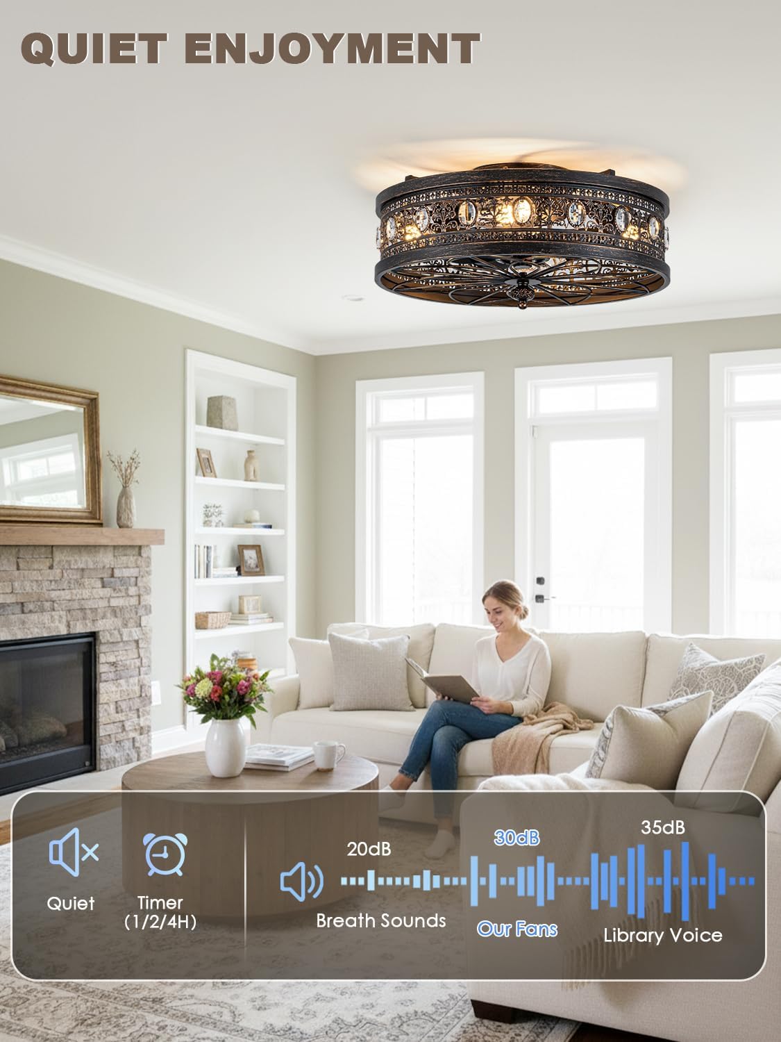 Bella Depot Caged Ceiling Fans with Lights,Vintage Victorian Rustic Crystal Fandelier,Low Profile Flush Mount, Farmhouse Ceiling Fan with Light and Remote for Bedroom,Kitchen,Dining Room