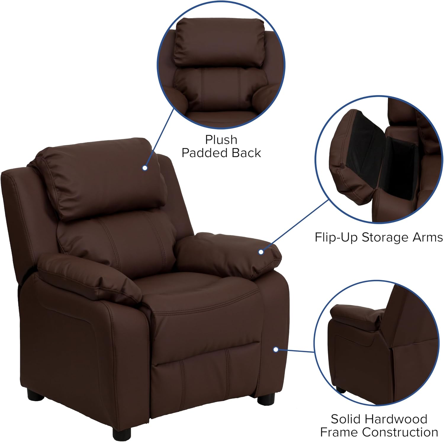 Flash Furniture Charlie LeatherSoft Kids Recliner with Flip-Up Storage Arms and Safety Recline, Contemporary Reclining Chair for Kids, Supports up to 90 lbs., Brown