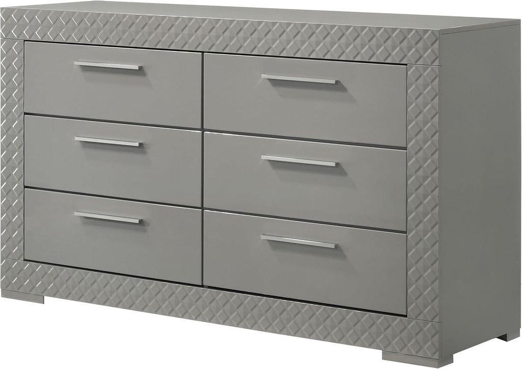Coaster Home Furnishings - Ives - Wood - 6-Drawer Dresser with Contemporary Style, Tile Emboss, Felt-Lined Top, Metal Handles, Metal Extension Glides - Bedroom - Grey High Gloss - 224973