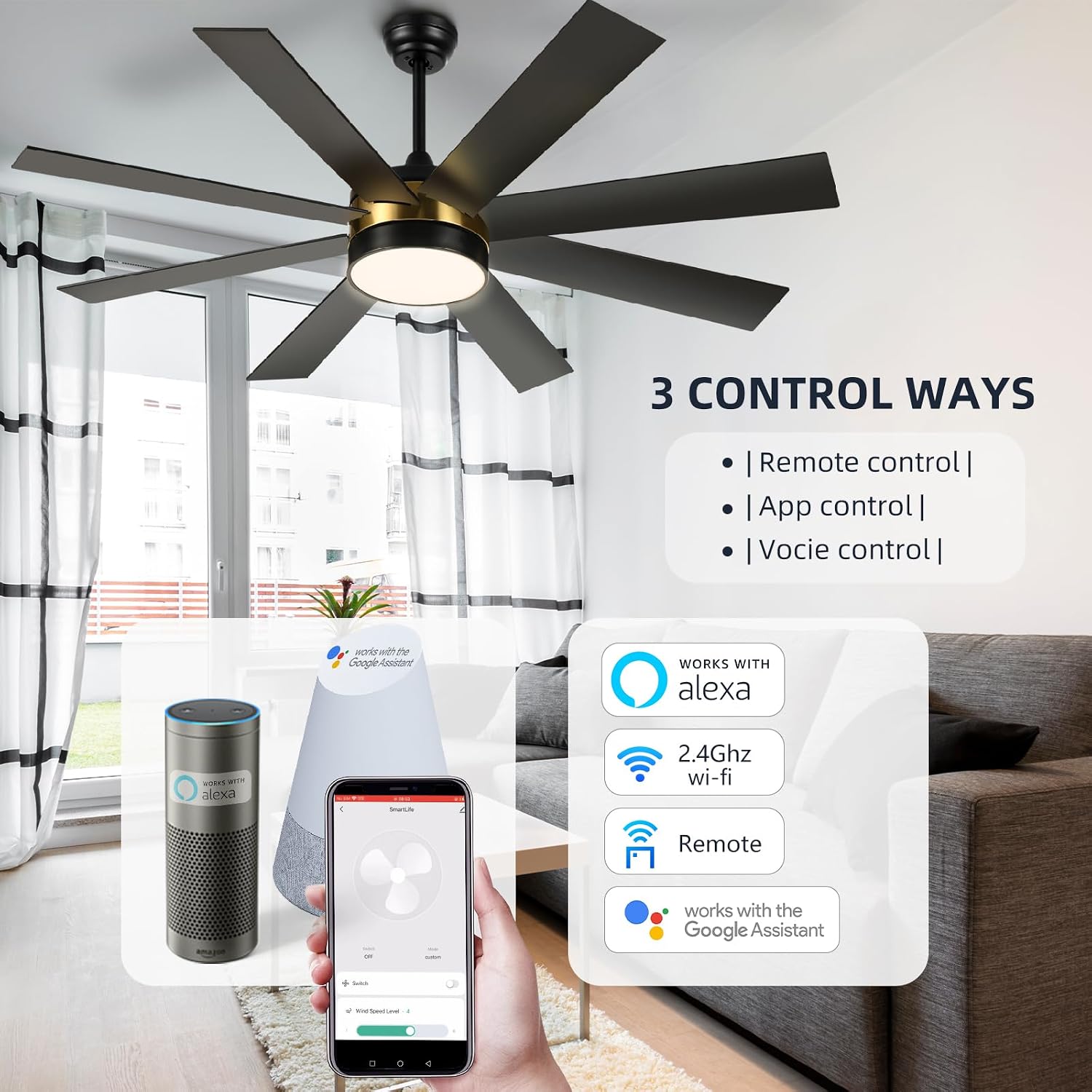 YITAHOME 60 Inch Black Gold Ceiling Fan with Lights and Remote,8 Blades,App Control, Modern Smart Ceiling Fan Compatible with Alexa for Indoor, Reversible Quiet Motor, Memory Function