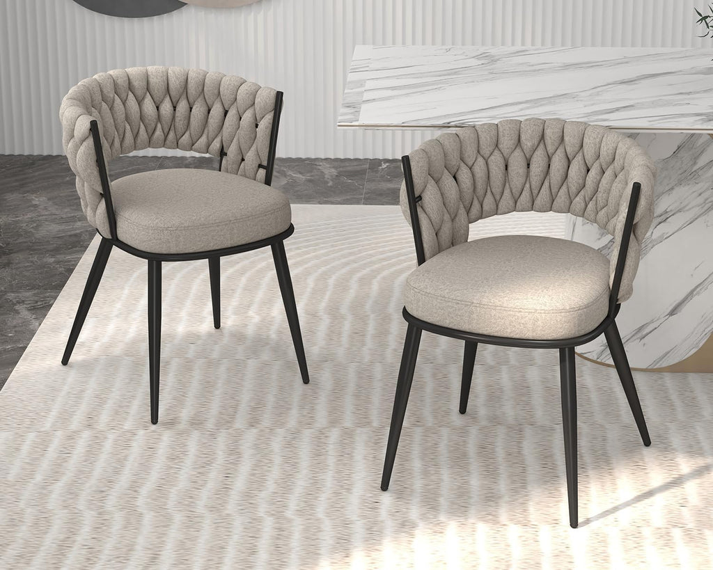 KCC Fabric Dining Chairs Set of 2, Modern Dining Chair with Metal Legs, Woven Upholstered Dining Chairs for Dining Room, Kitchen, Vanity, Living Room (Beige)