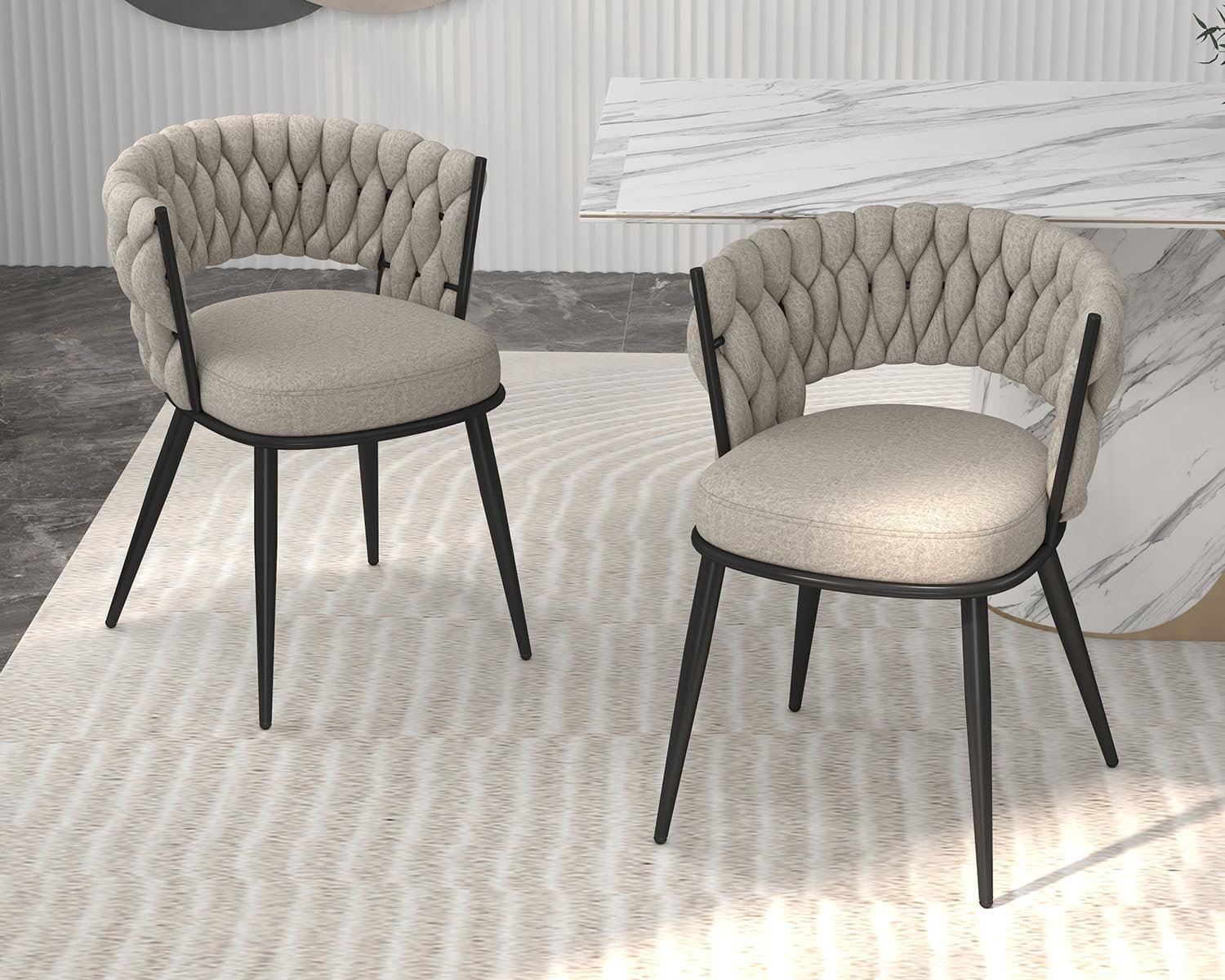 KCC Fabric Dining Chairs Set of 2, Modern Dining Chair with Metal Legs, Woven Upholstered Dining Chairs for Dining Room, Kitchen, Vanity, Living Room (Beige)