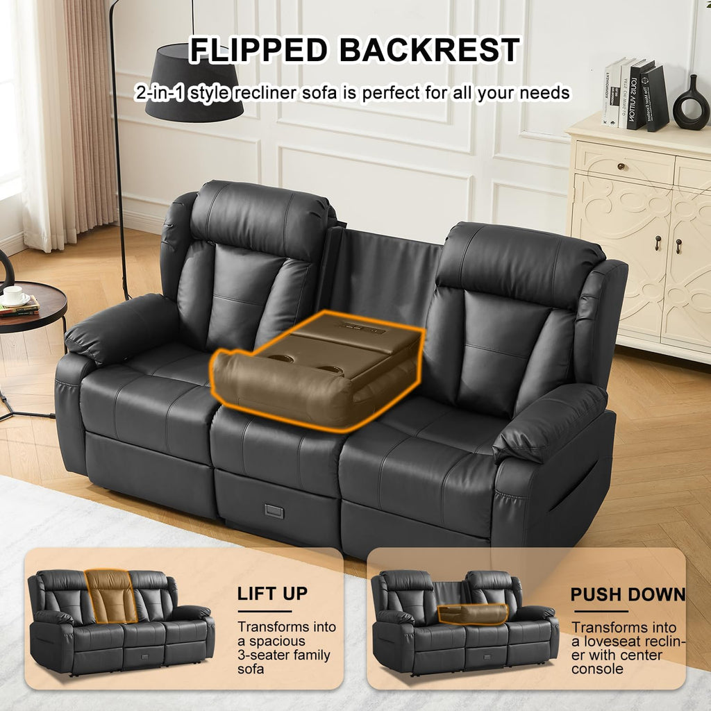 Loveseat Recliner Sofa,3 Seater RV Recliner Couch, Manual Reclining Loveseat with Console for Living Room, Home Theater Seating with AC/USB C/USB and Drawer (Black, 3 Seater)