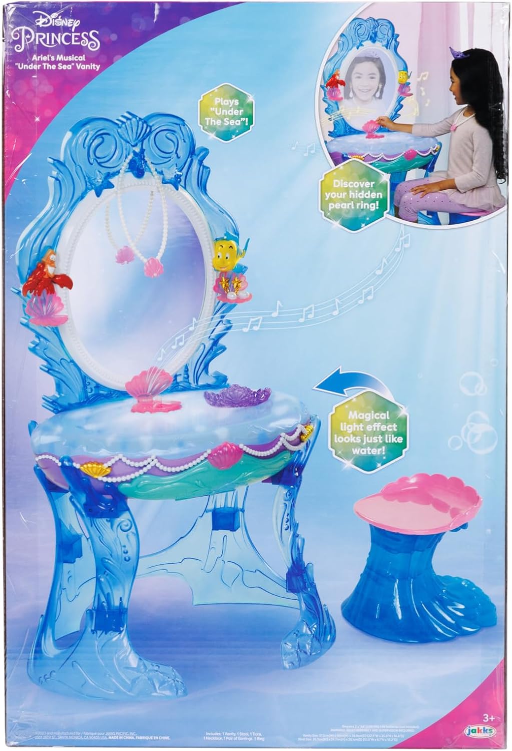 Disney Princess Ariel Vanity for Girls with Lights & Sounds, Plays 'Under The Sea' - Magical Light Up Effect Looks Just Like Water! Pretend Play Girls Vanity Set with Mirror and Stool