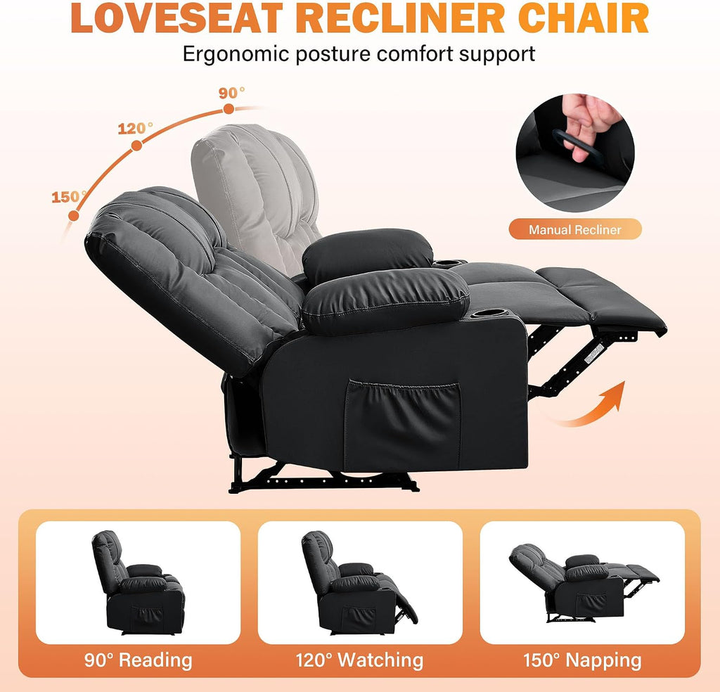 Black Leather Loveseat Recliner with Massage/Heat, Oversized Recliner Couch & Reclining Loveseat with Cup Holders/Pillow, Manual Reclining Sofa For Living Room/Rv/Home Theater Seating (Black)