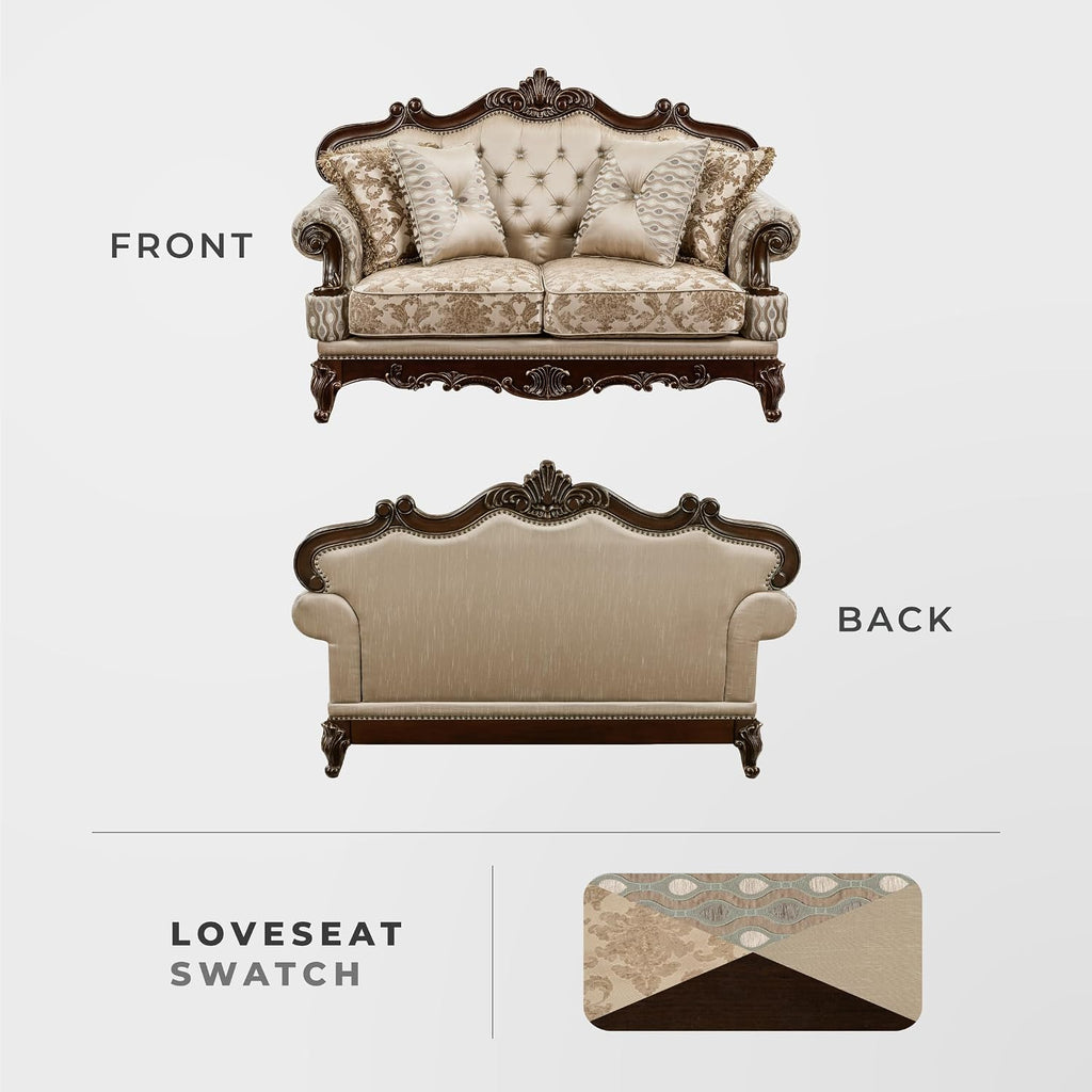 Lexicon Traditional Sofa Couch for Living Room, Rolled Arm Sofa with 4 Accent Pillows, Tufting, Queen Legs in Cherry Finish with Gold Tipping, Upholstered Living Room Furniture, 2 Seater Couch, Brown