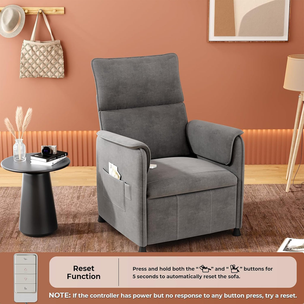 Recliner Chair，Electric Adjustable Chenille Recliner with Remote Control and Padded Backrest,Home Theater Recliner Single Sofa Seat with Thick Seat Cushion for Living Room Bedroom (Grey)
