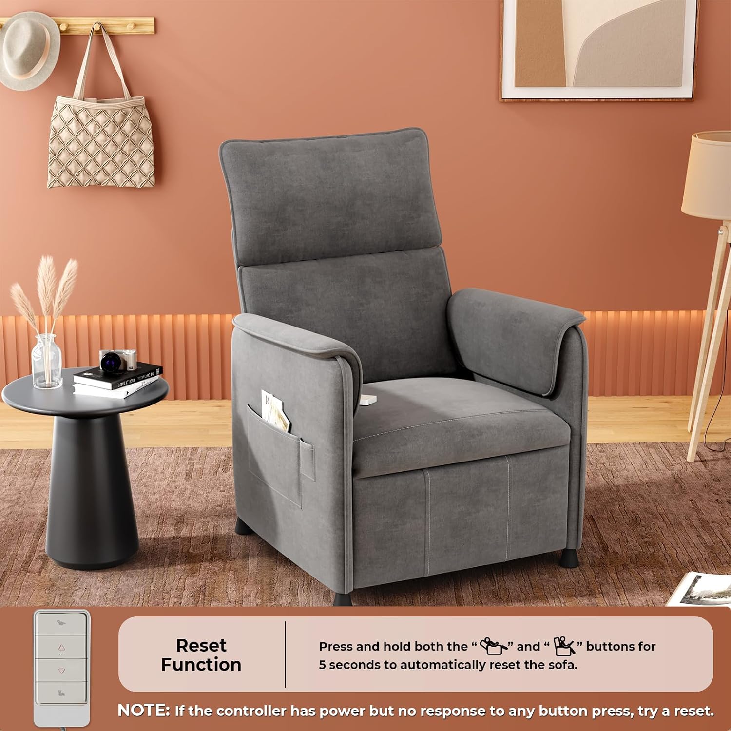 Recliner Chair，Electric Adjustable Chenille Recliner with Remote Control and Padded Backrest,Home Theater Recliner Single Sofa Seat with Thick Seat Cushion for Living Room Bedroom (Grey)