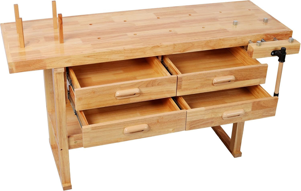 Montary 60-Inch Rubber Hardwood Workbench with 4 Drawers & Shelf, 330LBS Heavy Duty Portable Work Bench with Adjustable Handle, Woodworking Table for Garage, Workshop & Home Storage