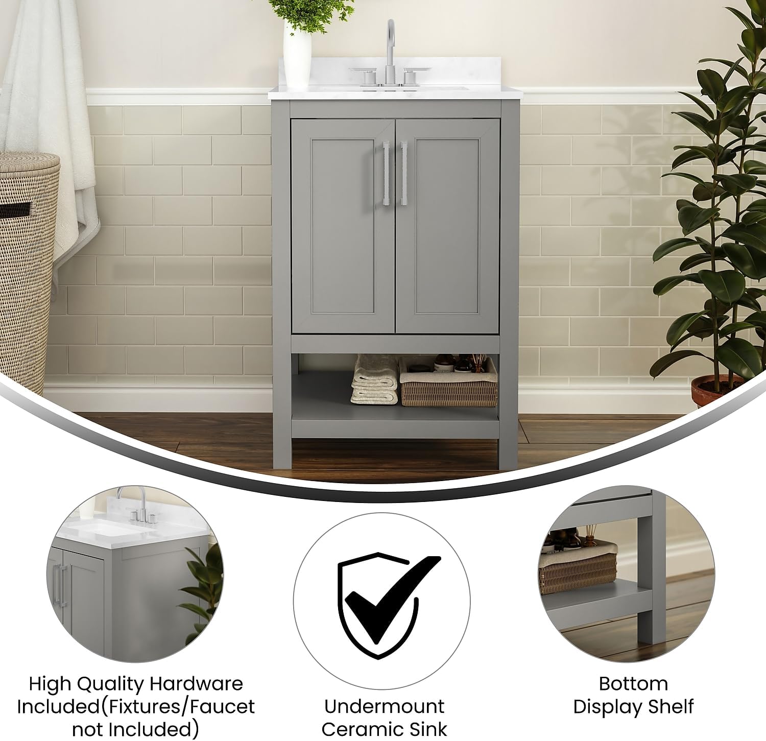 Flash Furniture Vega 24 Inch Bathroom Vanity with Sink Combo, Storage Cabinet with Soft Close Doors and Open Shelf, Carrara Marble Finish Countertop, Gray/White
