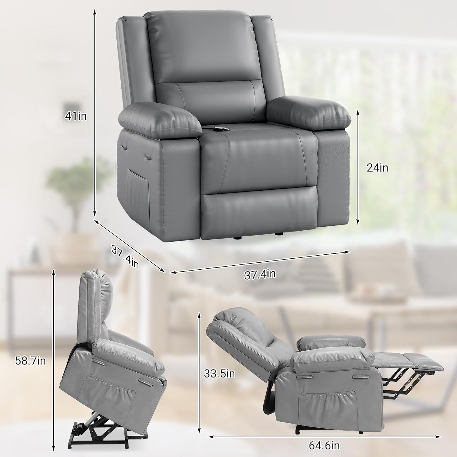 Power Lift Recliner Chair - Electric Recliner with Massage & Heat, PU Leather Living Room Chair, Remote Control & Side Pocket for Elderly Adults, Grey