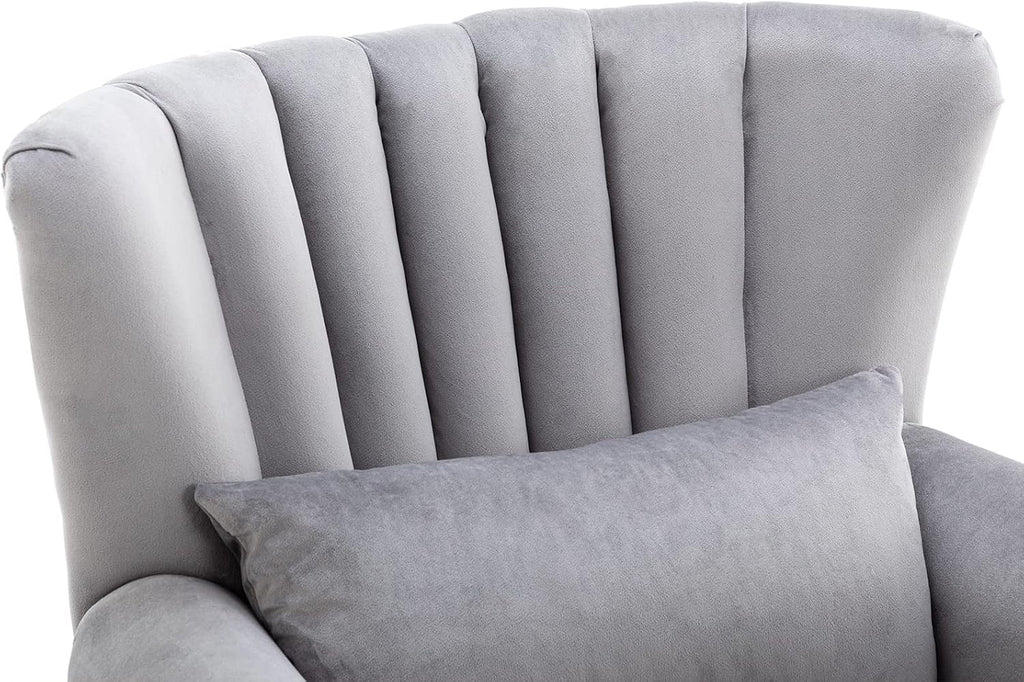 Kmax Grey Accent Chair Velvet Wingback Chair with Pillow Nail-Head Channel Tufted Oversized Club Chair for Living Room Bedroom Guest Room