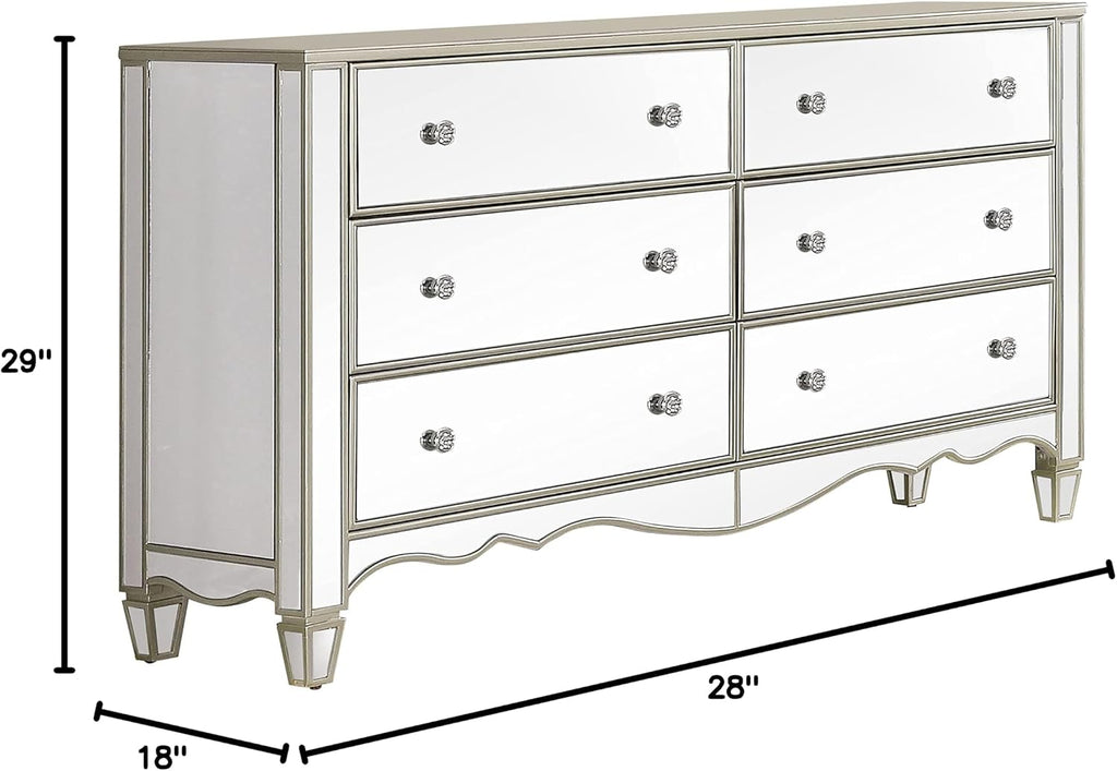HOMES: Inside + Out Bowne Glam 2-Piece Wood USB Port Nightstand and 6-Drawer Dresser Set for Bedroom, Silver