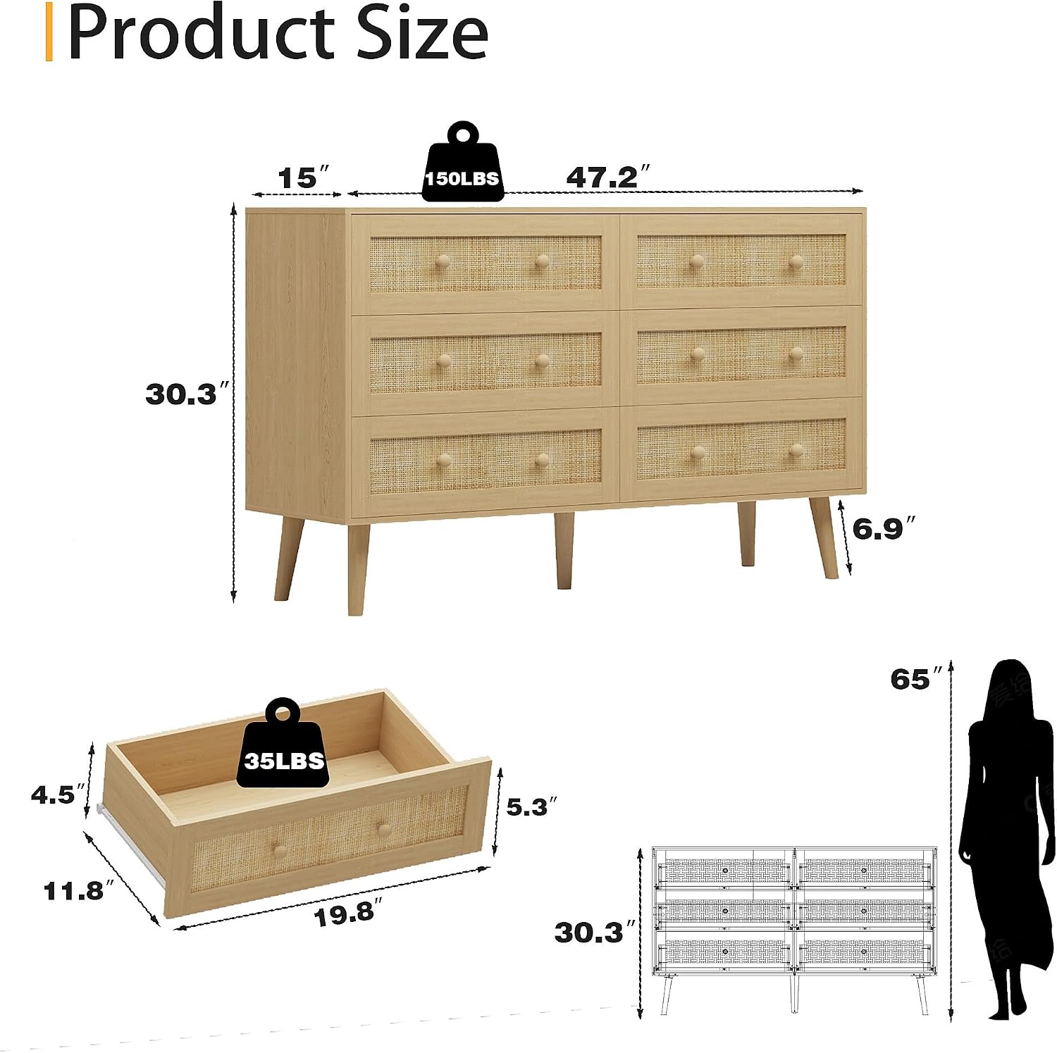 Dresser for Bedroom with 6 Drawer, Natural Rattan Chest of Dressers, Wide Wood Double Dresser, Wooden TV Stand Closet Storage Furniture, Boho Small Clothes Organizer for Hallway, Living Room, Entryway