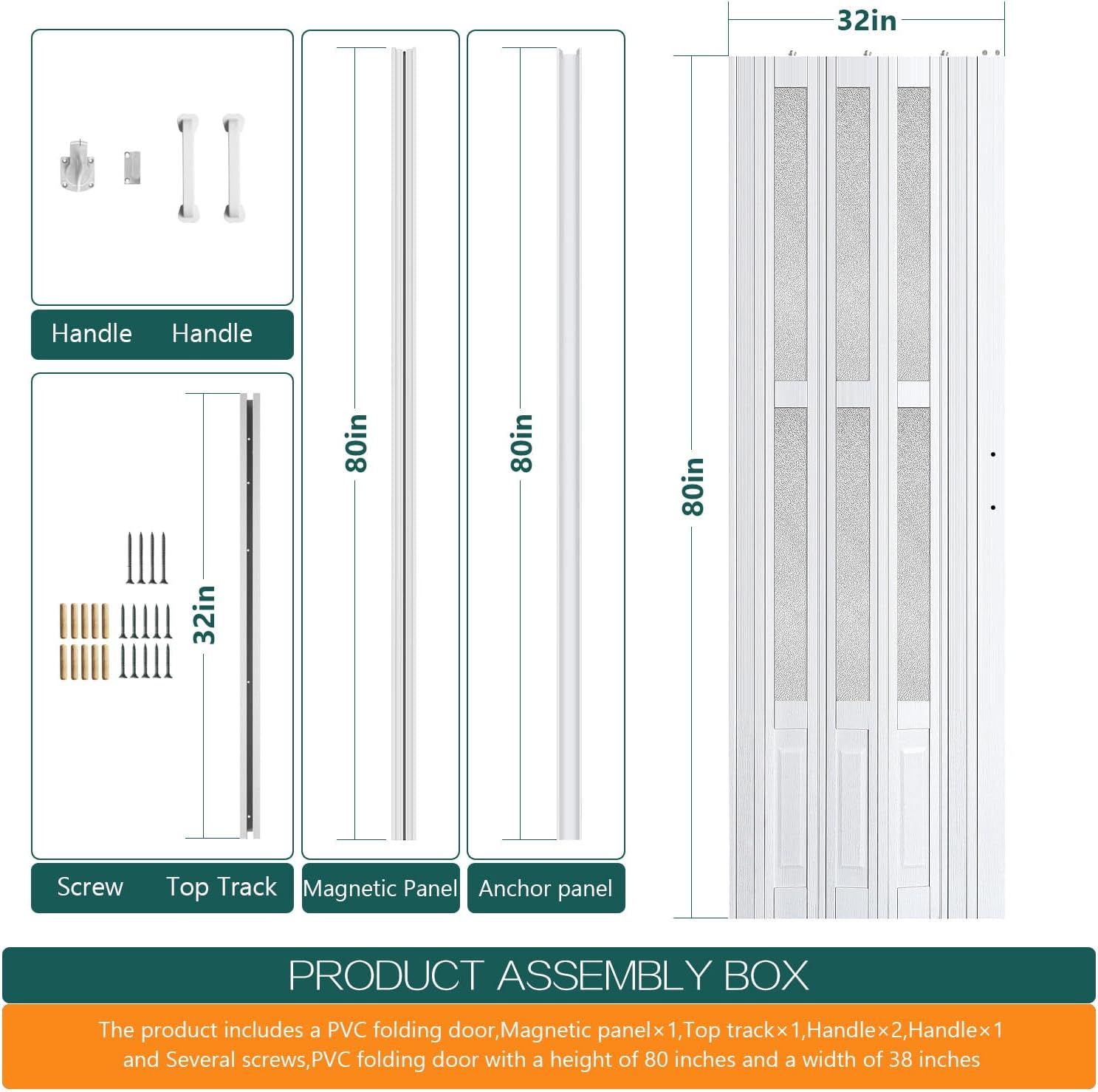 32X80in Accordion Doors Interior,White PVC Folding Door with Handle & Latch, for Closet & Kitchen,Complete Hardware Kit Easy to Install