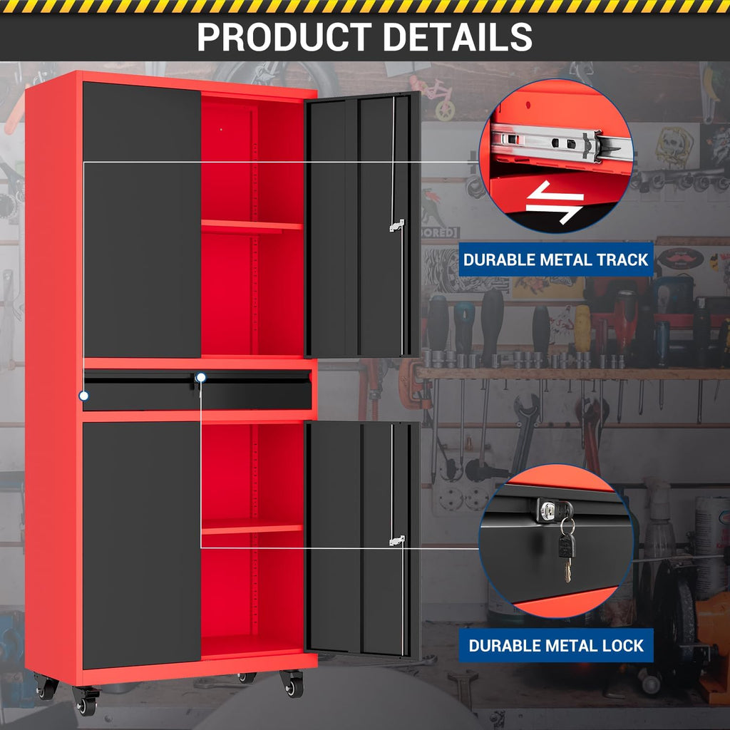 Fesbos 73' Metal Cabinet-Black & Red Heavy Duty Rolling Storage Cabinet Steel Tool Cabinets with Wheels, Shelves, Lockable Doors and Drawers- for Garage, Warehouse Home Office- Assembly Required