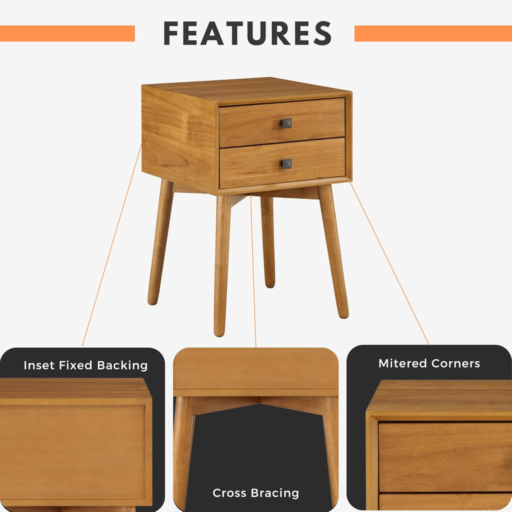 24/7 Shop at Home Goerge Mid-Century Modern Nightstand, Solid Rubber Wood Dresser, Small Bedside Tables with 2 Drawers, with Tapered Legs for Bedroom, Living Room, Home Office, Light Oak Brown