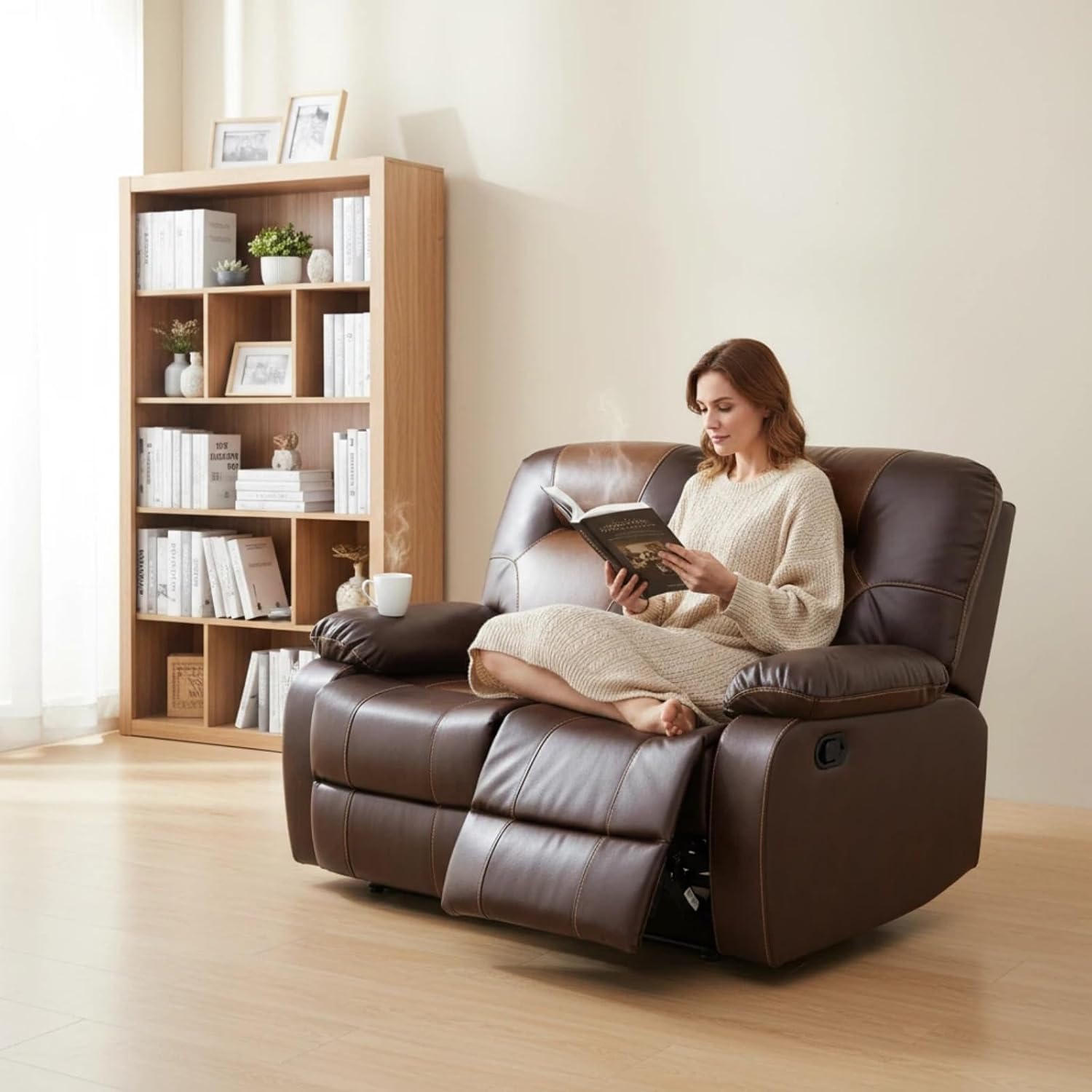 Leather Recliner Sofa Set, Living Room Furniture Set, Adjustable Backrest Reclining Loveseat Sofa with Storage Console & Cup Holders, Manual Recliner Chair for House, Home Theater, Brown