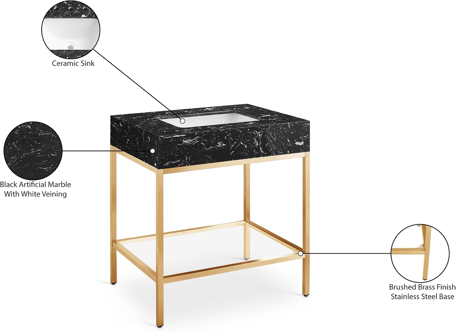Meridian Furniture 406Black-30 Marmo Collection Modern | Contemporary Bathroom Vanity, Engineered Stone with White Veining, Brushed Brass Stainless Steel Base, 30' W x 23' D x 34' H, White