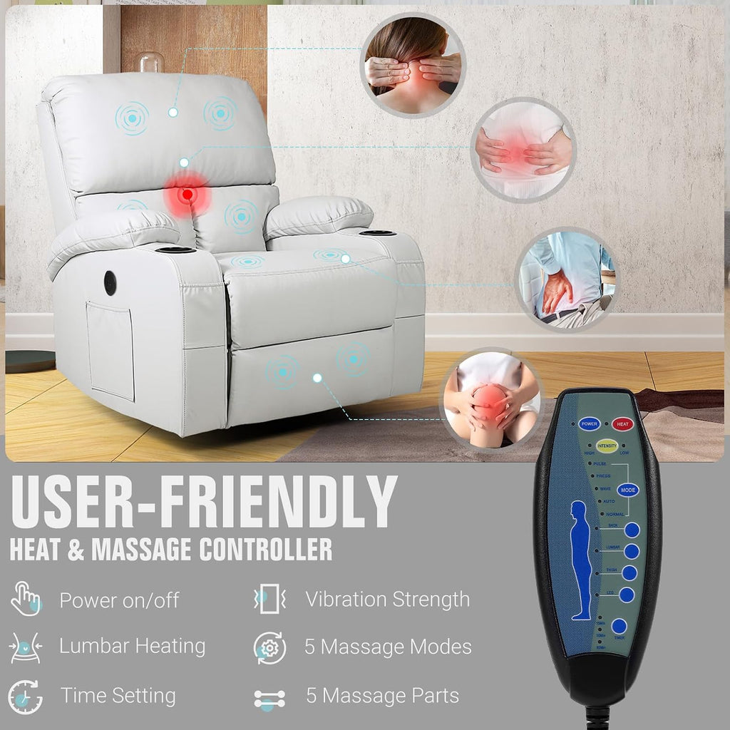LEVELEVE Rocking Recliner Chair, Massage Rocker Recliner Chair with Vibration Massage and Heat, USB and Type-C Ports,360° Swivel Faux Leather Chairs, Living Room, Bedroom, Nursery, RV, Light Grey