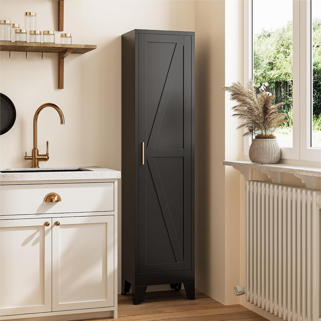 67' Tall Narrow Storage Cabinet with Reversible Doors and Adjustable Shelves,11.8' Deep By 15.7' Wide Metal Slim Cabinet for Bathroom Kitchen Garage Small Spaces,Black,1 Pc