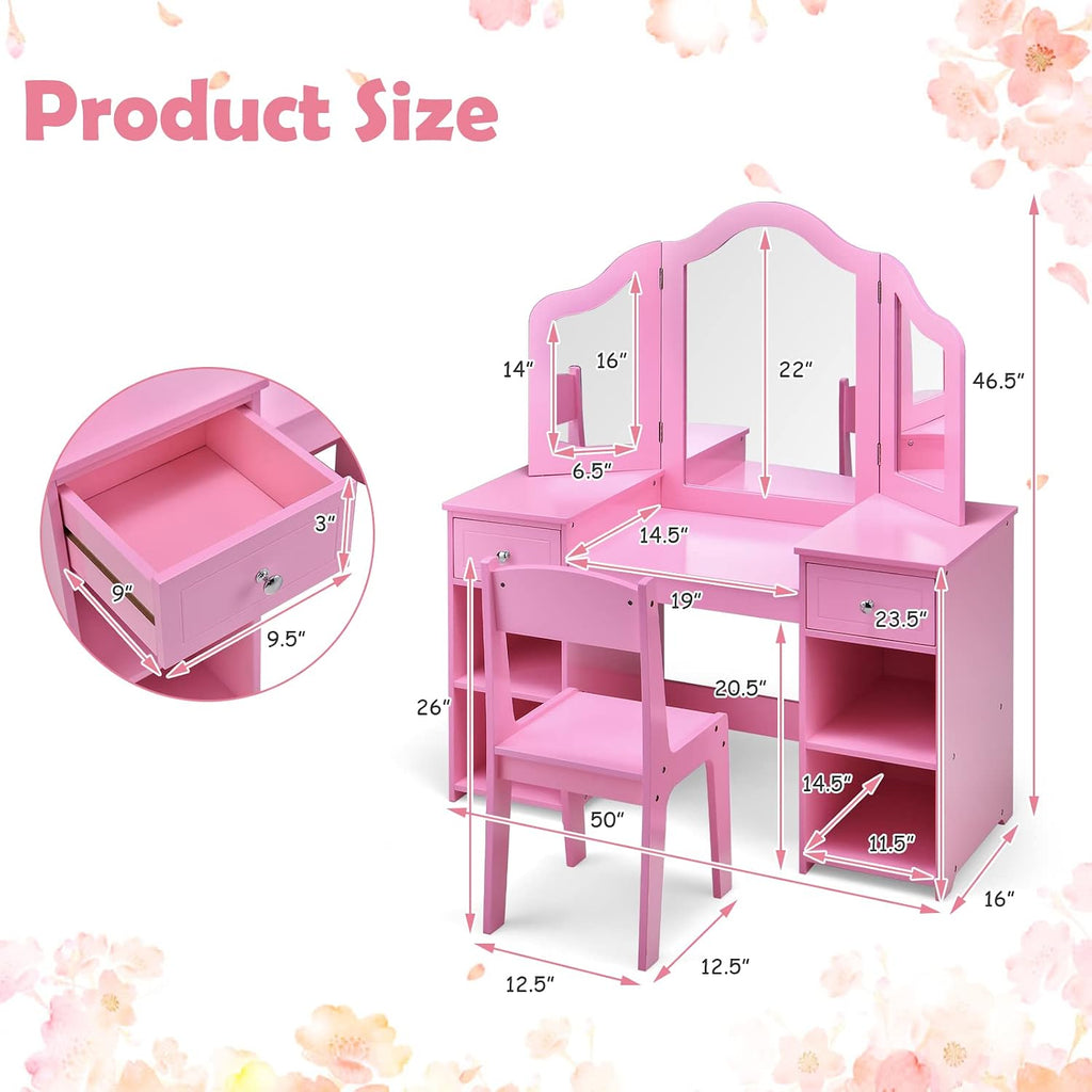AKUSTIK Kids Vanity, 2 in 1 Wooden Princess Makeup Table and Chair for Toddlers with Tri-Folding Detachable Mirror, Storage Drawers for Little Girls, Pretend Beauty Dressing Desk Play Set Toy Gift