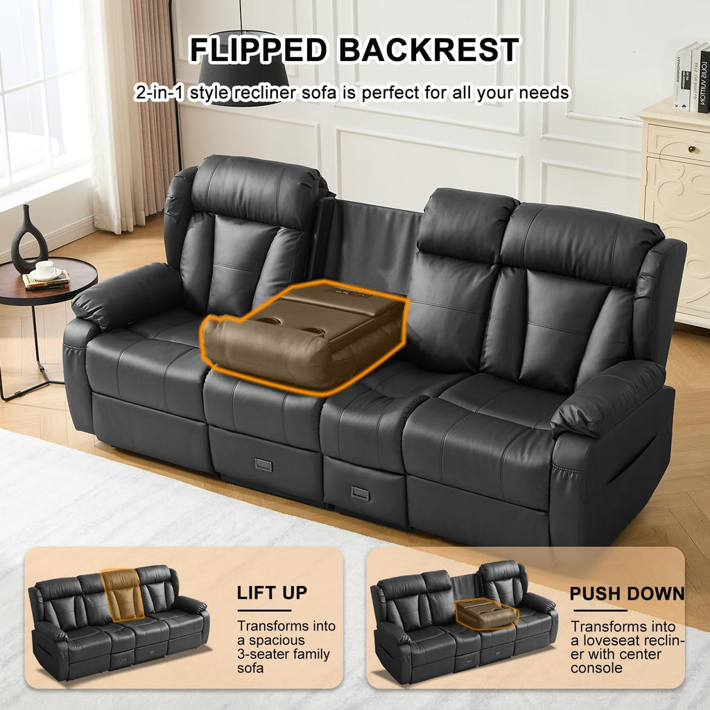 Loveseat Recliner Sofa,3 Seater RV Recliner Couch, Manual Reclining Loveseat with Console for Living Room, Home Theater Seating with AC/USB C/USB and Drawer (Black, 3 Seater + Console)