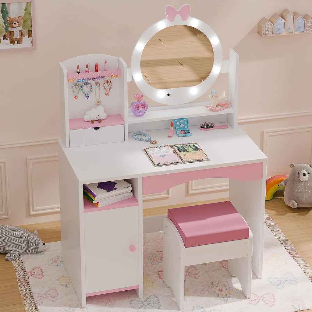 TOLEAD Kids Vanity, Girls Vanity Set with Mirror and Stool and Lights, Toddler Vanity Table and Chair Set with Jewelry Storage, Wooden Princess Makeup Desk Dressing Table for Girls (White)