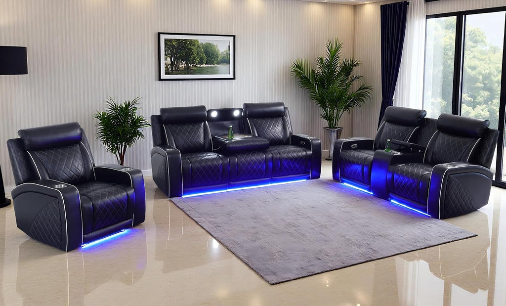 3 Piece Living Room Furniture Set with Cup Holders, Power Recliner Sofa Set, Black Breathing Leather Reclining Couch with LED Lights/Charging Ports/Storage Console for Living Room/Office