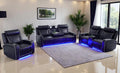 3 Piece Living Room Furniture Set with Cup Holders, Power Recliner Sofa Set, Black Breathing Leather Reclining Couch with LED Lights/Charging Ports/Storage Console for Living Room/Office