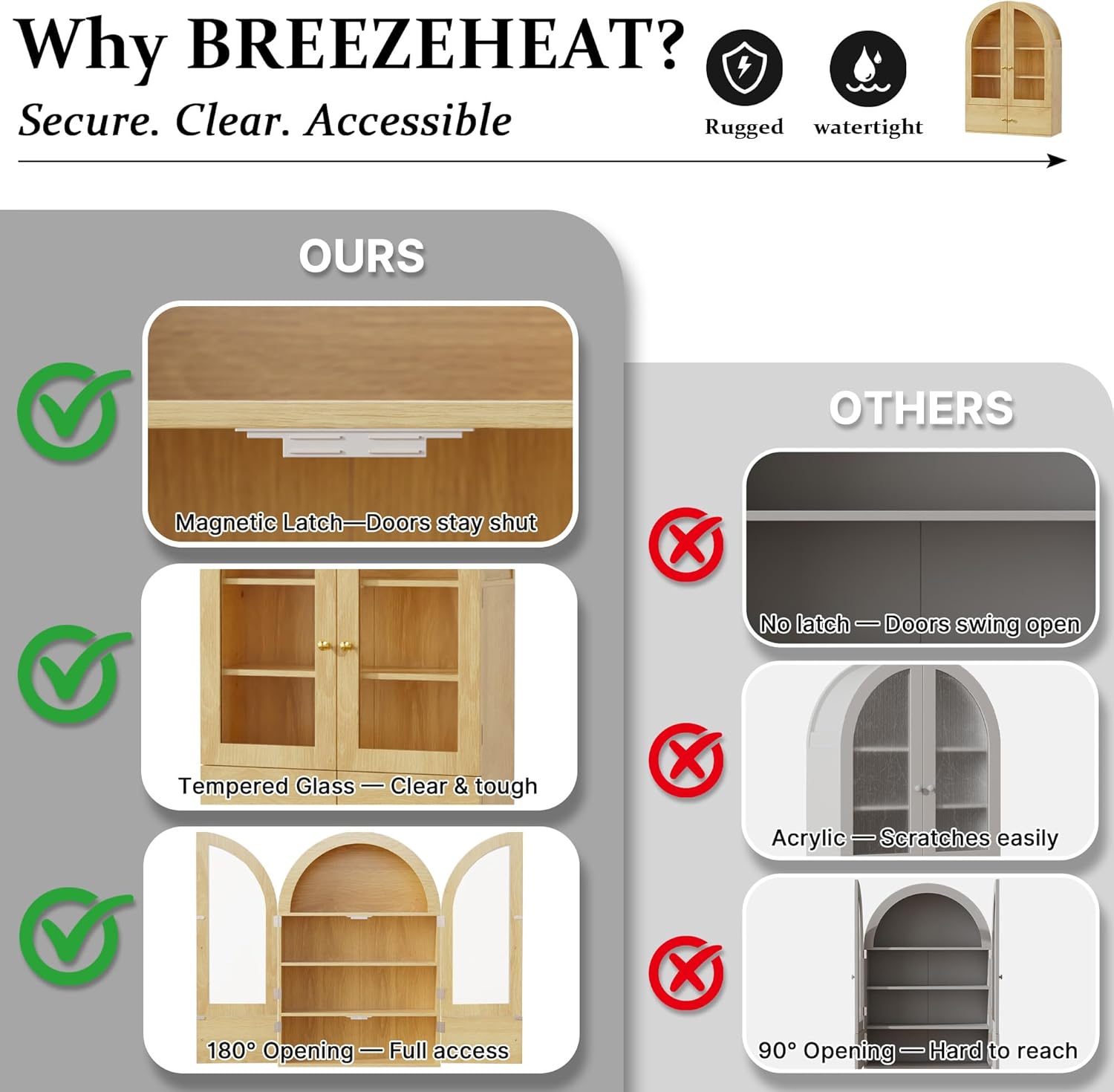 BREEZEHEAT Arched Medicine Cabinet Wall Mounted, Arched Bathroom Wall Cabinet with Glass Doors, Adjustable Shelf, Wall Over Toilet Cabinet for Bathroom, Kitchen, Laundry Room, Natural Oak