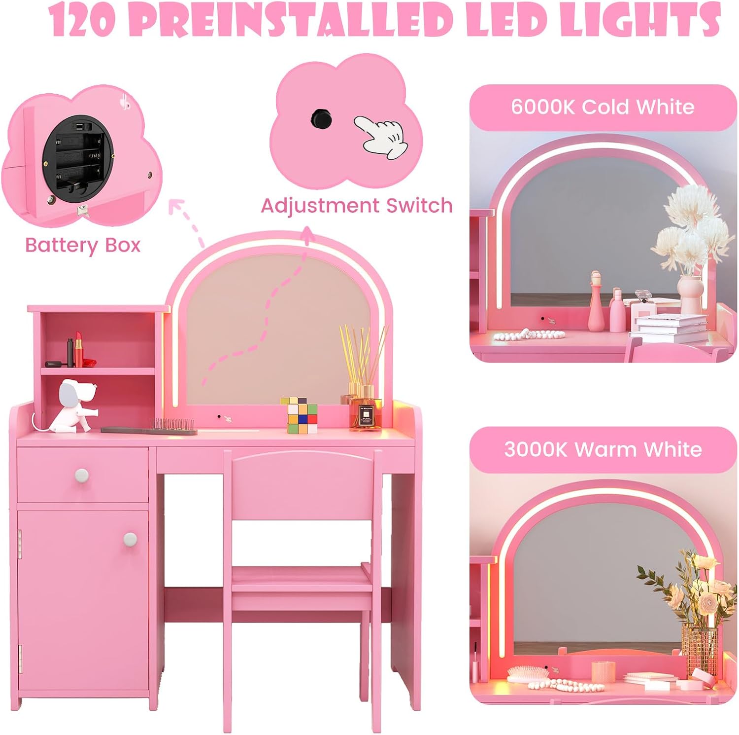 INFANS Kids Vanity, Princess Makeup Desk and Chair Set with Lights Mirror Drawer Storage Shelves, Wooden Dressing Table, Pretend Play Vanity Set for Girls
