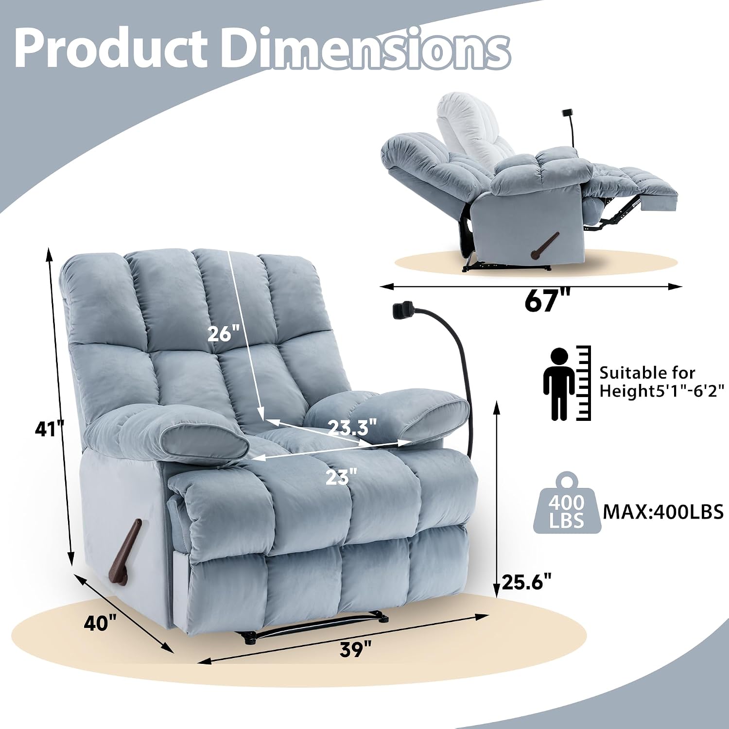 Manual Adjustable Oversized Recliner Chair with Phone Holder, Extra Large Recliner for Heavy Duty Adults 400lbs, Big Man Recliners for Living Room, Nursery, RV