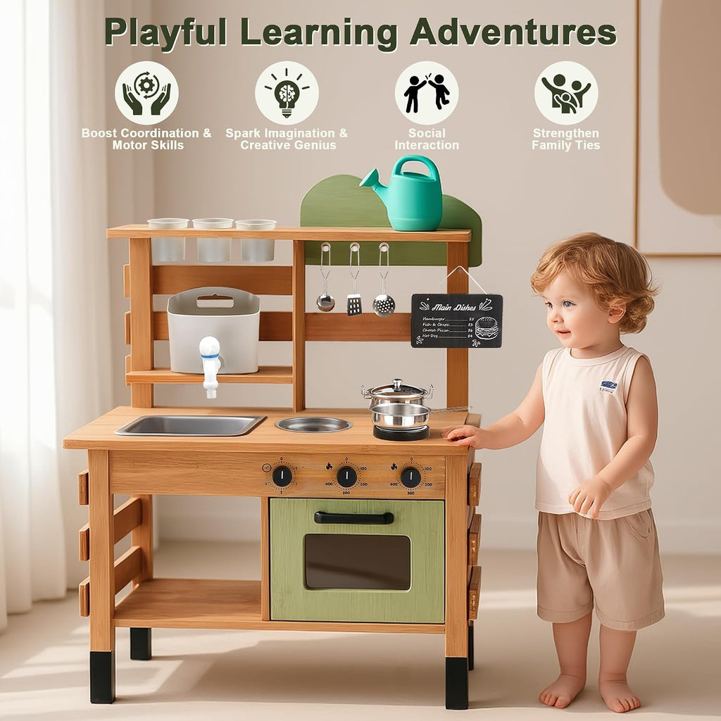 OLLIKIVI Outdoor Play Kitchen for Kids | Wooden Mud Kitchen Set with Removable Sink, Planting Area, Oven, Stove, Dual-Sided Chalkboard & Storage | Backyard Pretend Toy | Ages 3+