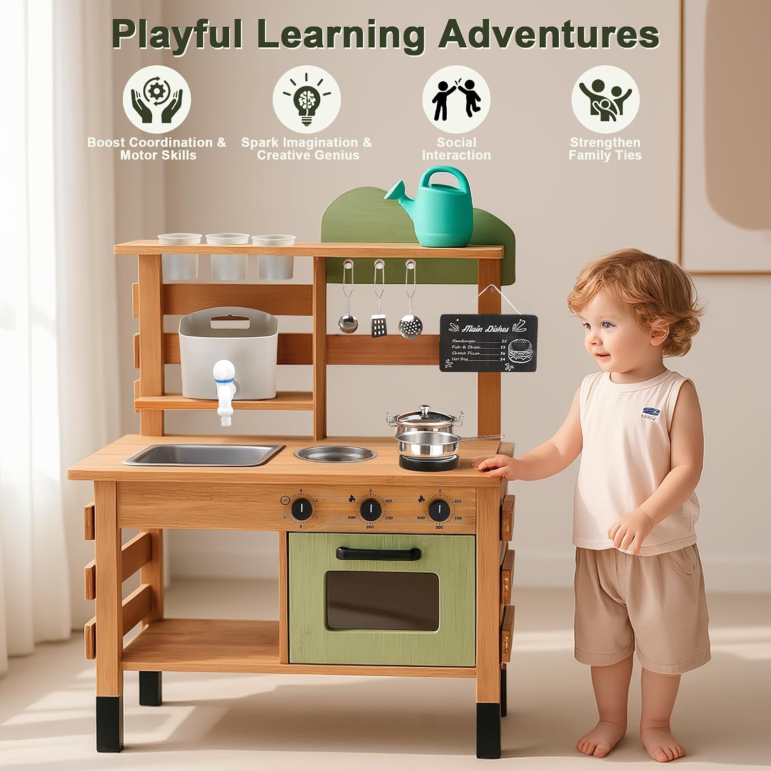 OLLIKIVI Outdoor Play Kitchen for Kids | Wooden Mud Kitchen Set with Removable Sink, Planting Area, Oven, Stove, Dual-Sided Chalkboard & Storage | Backyard Pretend Toy | Ages 3+