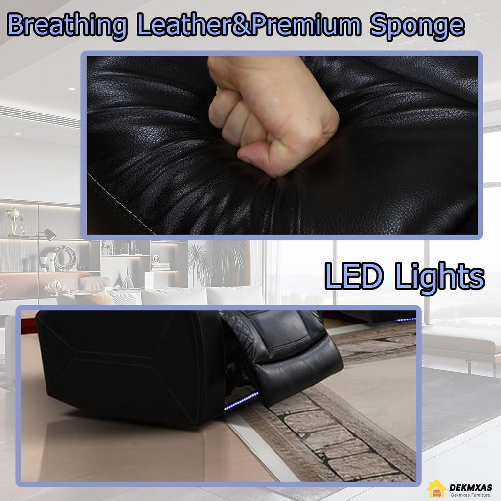 Power Recliner Sofa Set with Storage Armrest, Living Room Furniture Sets, Black Breathing Leather Reclining Sofa Couch with Drop-Down Table/Cup Holder/LED Light/USB Port for Living Room/Home