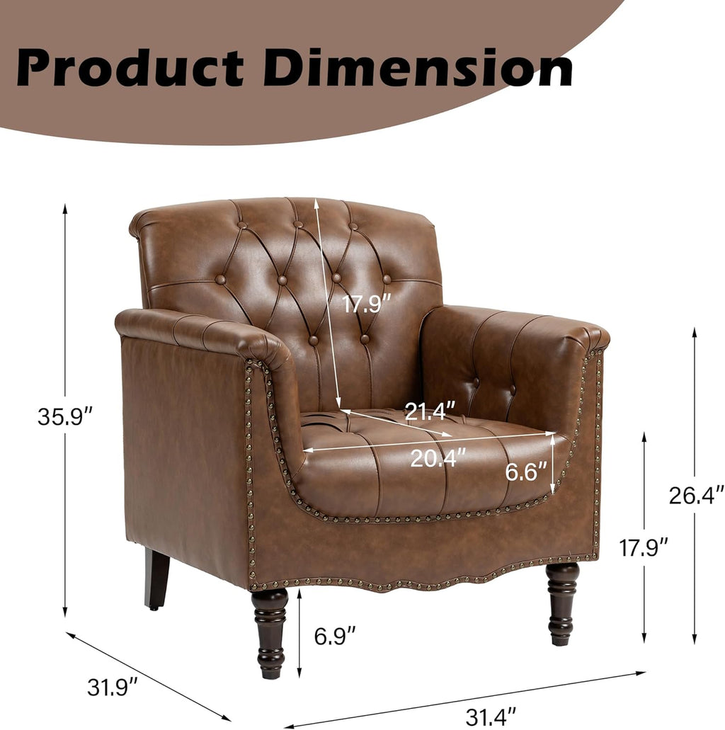 Lumibee Faux Leather Accent Chairs Set of 4, Upholstered Armchairs with Nailhead Trims & Wood Legs for Living Room, Bedroom, Contemporary Comfy Club Chairs for Office-Brown