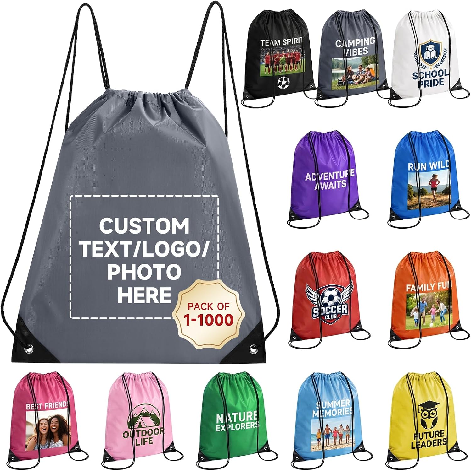 Custom Drawstring Backpack with Logo, 100 Pack Personalized Draw String Back Bag Drawstring Bags Bulk for Sports, Gym, Travel, Swimming, Beach