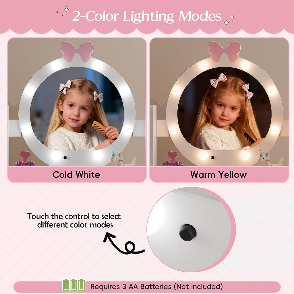 TOLEAD Kids Vanity, Girls Vanity Set with Mirror and Stool and Lights, Toddler Vanity Table and Chair Set with Jewelry Storage, Wooden Princess Makeup Desk Dressing Table for Girls (White)