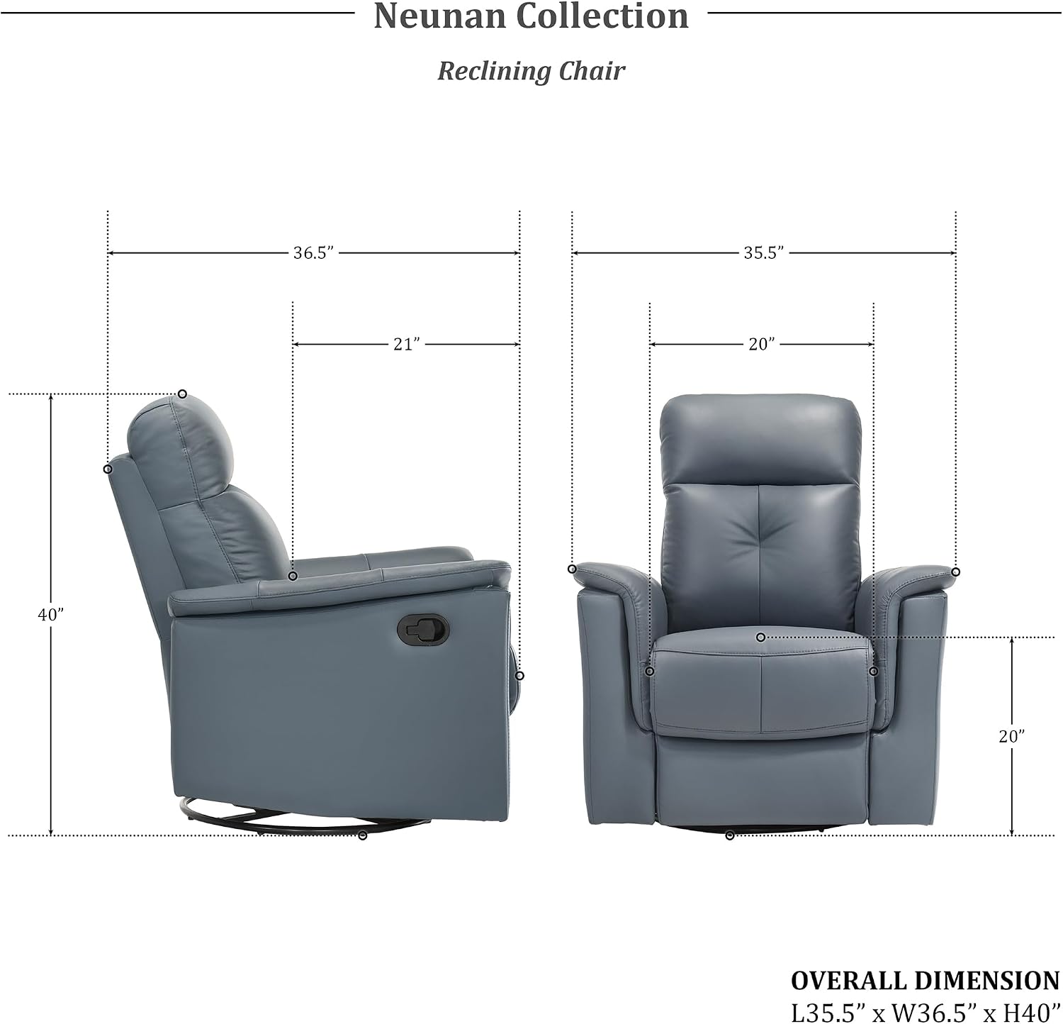 Lexicon Swivel Glider Recliner Chair, Comfy Nursery Glider, Top Grain Leather Match Recliner, Manual Reclining Chair for Living Room/Office/Apartment, Blue Gray